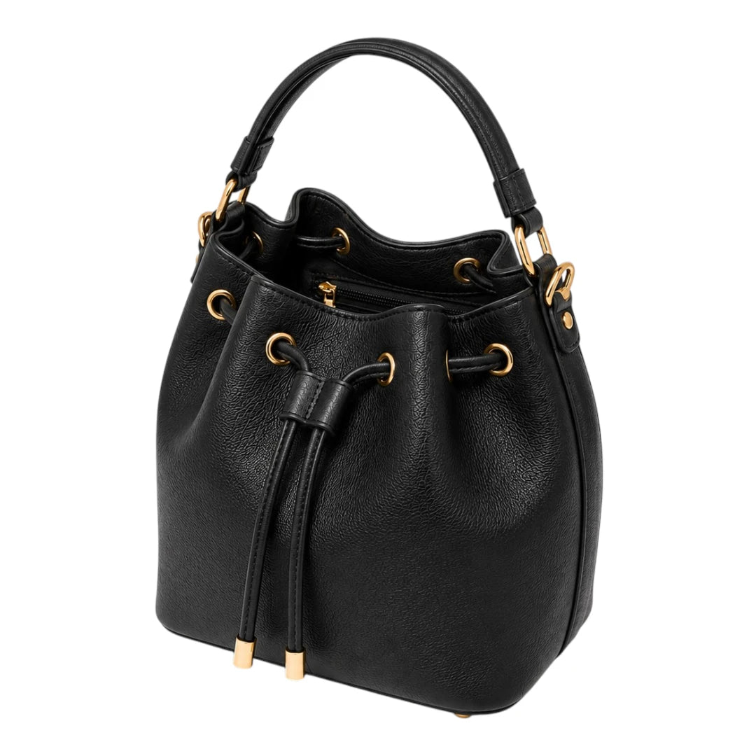 Robiy Luxe Bucket Handbag - Minimalist Black Textured Leather Purse